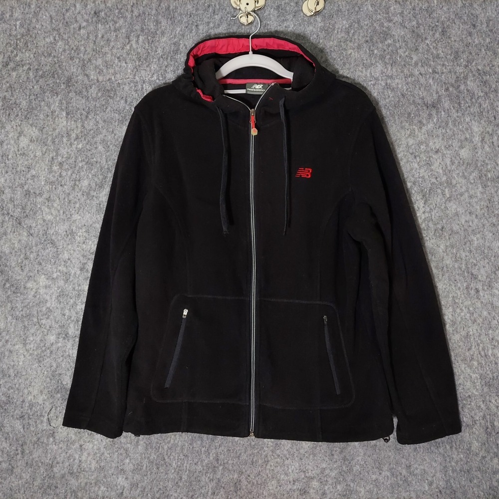 New Balance Women Jacket M Fleece Black Full Zip Pocket‎ Long Sleeve Pull String